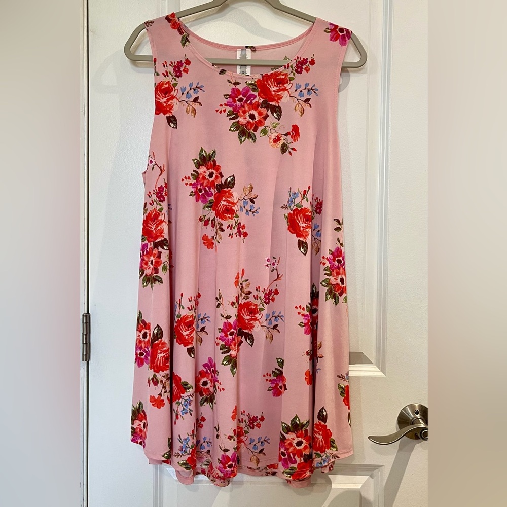 Moa USA Floral Tunic Top Dress Sleeveless Sz 2X Pink Multi Flowy Babydoll